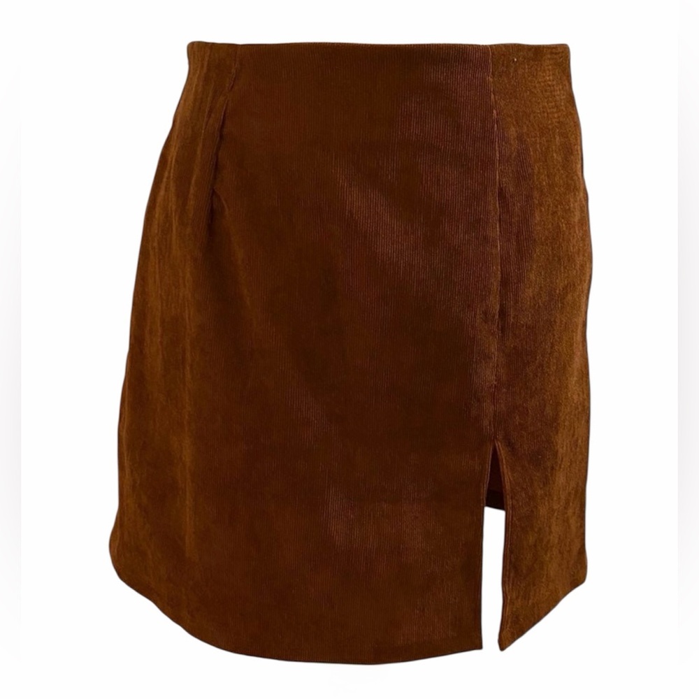 Shein Tan Corduroy Mini Skirt High Waisted Front Slit Fall Skirt Size Small - Picture 2 of 4